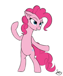 Size: 500x600 | Tagged: safe, artist:skylairo, derpibooru import, pinkie pie, earth pony, pony, angry, bipedal, cutie mark, ear fluff, ears, female, hair, mane, mare, simple background, smiling, solo, tail, watermark