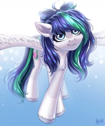Size: 2000x2400 | Tagged: safe, artist:hakaina, derpibooru import, oc, oc only, pegasus, pony, chest fluff, female, gradient background, looking at you, mare, smiling, solo, spread wings, wings