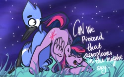 Size: 1680x1050 | Tagged: safe, artist:wrightgottlenva, derpibooru import, twilight sparkle, twilight sparkle (alicorn), alicorn, bird, pony, aeroplanes and meteor showers, crossover, crossover shipping, eyes on the prize, face down ass up, female, jacko challenge, lyrics, male, meme, mordecai, mordetwi, regular show, shipping, straight, sweat, text, wide eyes