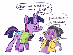 Size: 2048x1538 | Tagged: safe, artist:alexbeeza, derpibooru import, spike, twilight sparkle, dragon, unicorn, beanie, breaking bad, clothes, dialogue, drugs, glasses, hat, jacket, jesse pinkman, marijuana, parody, shirt, walter white