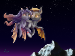 Size: 4000x3000 | Tagged: safe, artist:joan-grace, derpibooru import, oc, oc only, bat pony, pony, bat pony oc, bat wings, duo, ethereal mane, female, flying, male, mare, night, outdoors, signature, stallion, starry mane, wings