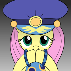 Size: 1500x1500 | Tagged: safe, artist:sazanamibd, derpibooru import, fluttershy, pegasus, pony, admiral fairy flight, female, gradient background, hat, hooves on face, looking at you, mare, solo