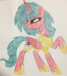 Size: 1280x1447 | Tagged: safe, artist:lachlancarr1996, derpibooru import, alicorn, pony, angry, clothes, dark ages, folded wings, gritted teeth, hoof shoes, looking back, raised hoof, raised leg, solo, traditional art, wings