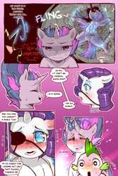 Size: 960x1440 | Tagged: safe, artist:cold-blooded-twilight, derpibooru import, rarity, spike, twilight sparkle, dragon, unicorn, comic:cold storm, alternate design, attack, blood, blushing, blushing profusely, cold blooded twilight, comic, crater, dialogue, dock, ear blush, ears, eyepatch, eyes closed, floppy ears, frown, glow, glowing horn, heart, heart eyes, horn, magic, meme, open mouth, raised leg, sad, speech bubble, sweat, wingding eyes, yaranaika