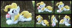 Size: 4515x1754 | Tagged: safe, artist:peruserofpieces, derpibooru import, surprise, pegasus, pony, beanie (plushie), cupcake, cute, female, food, irl, looking at you, lying down, mare, mouth hold, photo, plushie, prone, smiling, smiling at you, solo, sploot, tree, wings