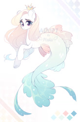 Size: 841x1280 | Tagged: safe, artist:ptaha, derpibooru import, oc, oc only, earth pony, merpony, pony, seapony (g4), adoptable, auction, colored pupils, crown, ethereal mane, female, fins, fish tail, flowing mane, flowing tail, jewelry, regalia, seaponified, simple background, smiling, solo, sparkles, species swap, starry mane, tail, watermark, white background