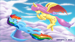 Size: 3840x2160 | Tagged: safe, artist:divifilly, derpibooru import, fluttershy, rainbow dash, pegasus, pony, flying, sky