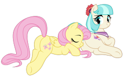 Size: 1888x1156 | Tagged: safe, artist:nika-rain, derpibooru import, coco pommel, fluttershy, earth pony, pegasus, pony, butt, butt pillow, cocoshy, commission, cute, female, hatbutt, lesbian, mare, plot, shipping, simple background, transparent background
