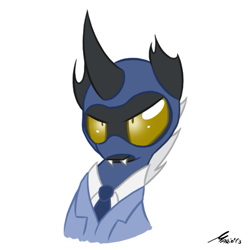 Size: 555x555 | Tagged: safe, artist:srmario, derpibooru import, changeling, balaclava, bust, clothes, crossover, fangs, mask, necktie, signature, simple background, solo, spy, suit, team fortress 2, white background, yellow changeling