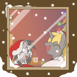 Size: 800x800 | Tagged: safe, artist:srmario, derpibooru import, oc, oc:doctiry, oc:doom, pony, unicorn, broken horn, bust, christmas, christmas tree, duo, eyelashes, female, hat, holiday, horn, indoors, male, mare, mug, one eye closed, santa hat, smiling, snow, stallion, tree, unicorn oc, wink