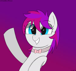 Size: 2354x2213 | Tagged: safe, artist:bestponies, derpibooru import, oc, oc only, oc:sugar cube, earth pony, pony, blue eyes, bowtie, earth pony oc, female, gradient background, happy, mare, smiling, solo, waving