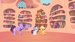 Size: 1280x721 | Tagged: safe, artist:benpictures1, applejack, rarity, twilight sparkle, twilight sparkle (alicorn), alicorn, earth pony, pony, unicorn, age regression, cute, ears, female, filly, filly applejack, filly rarity, floppy ears, golden oaks library, jackabetes, mare, raibetes, raised hoof, raised leg, raribetes, sitting, spell gone wrong, standing, younger