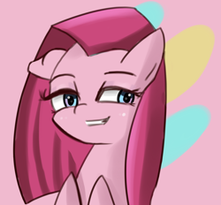 Size: 1136x1056 | Tagged: safe, artist:solid shrimp, derpibooru import, pinkie pie, earth pony, pony, ears, female, floppy ears, lidded eyes, mare, pinkamena diane pie, smiling, solo, straight hair