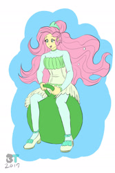 Size: 1280x1920 | Tagged: safe, artist:brokententacle, derpibooru import, fluttershy, equestria girls, solo, space hopper