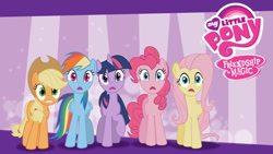 Size: 1280x720 | Tagged: safe, derpibooru import, applejack, fluttershy, pinkie pie, rainbow dash, twilight sparkle, unicorn twilight, earth pony, pegasus, pony, unicorn, friendship is magic, g4, abstract background, applejack's hat, clothes, cowboy hat, female, hat, mare, my little pony logo, netflix, official, shocked