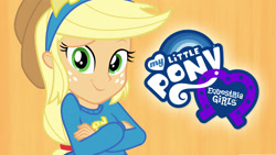 Size: 1280x720 | Tagged: safe, derpibooru import, applejack, equestria girls, equestria girls (movie), applejack's hat, clothes, cowboy hat, equestria girls logo, female, hat, my little pony logo, netflix, official, orange background, simple background, solo