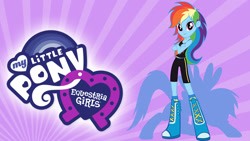 Size: 1280x720 | Tagged: safe, derpibooru import, rainbow dash, pegasus, pony, equestria girls, equestria girls (movie), equestria girls logo, female, human ponidox, my little pony logo, netflix, official, purple background, self ponidox, silhouette, simple background, solo, striped background