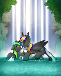 Size: 2160x2683 | Tagged: safe, artist:confetticakez, derpibooru import, oc, oc only, alicorn, pegasus, pony, duo, ear fluff, ears, floppy ears, rock, spread wings, unshorn fetlocks, water, waterfall, wings