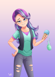 Size: 1810x2505 | Tagged: safe, artist:fadlihalimns, derpibooru import, starlight glimmer, equestria girls, mirror magic, spoiler:eqg specials, clothes, dropping, food, gradient background, human coloration, ice cream, ice cream cone, lip bite, looking at you, solo, torn pants