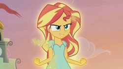 Size: 3410x1920 | Tagged: safe, derpibooru import, screencap, sunset shimmer, equestria girls, my past is not today, rainbow rocks, blouse, canterlot high, female, feminism, heroic, high res, smiling, solo, summerbetes, sunshine shimmer