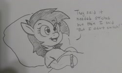 Size: 2048x1222 | Tagged: safe, artist:pony quarantine, derpibooru import, oc, oc only, oc:anon filly, earth pony, pony, bed, dialogue, female, filly, grayscale, hospital bed, hospital gown, lying down, monochrome, pencil drawing, pillow, pun, solo, traditional art, wristband