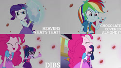 Size: 1280x720 | Tagged: safe, derpibooru import, edit, edited screencap, editor:quoterific, screencap, pinkie pie, rainbow dash, rarity, sci-twi, twilight sparkle, equestria girls, mirror magic, spoiler:eqg specials, clothes, cutie mark, cutie mark on clothes, eyes closed, female, geode of shielding, geode of sugar bombs, geode of super speed, geode of telekinesis, glasses, hairpin, jewelry, magical geodes, necklace, open mouth, ponytail