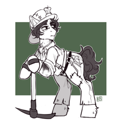 Size: 1930x2002 | Tagged: safe, artist:karamboll, derpibooru import, earth pony, pony, black and white, crossover, grayscale, identity v, limited palette, monochrome, norton campbell, pickaxe, scar, sketch, solo, standing