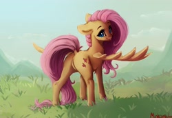 Size: 3950x2695 | Tagged: safe, artist:miokomata, derpibooru import, fluttershy, pegasus, pony, :p, butt, cute, daaaaaaaaaaaw, dock, ears, featureless crotch, floppy ears, freckles, freckleshy, grass, looking at you, looking back, plot, shyabetes, smiling, solo, spread wings, tongue, tongue out, wings