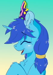 Size: 3508x4961 | Tagged: safe, artist:wbp, derpibooru import, oc, oc:single drop, pony, unicorn, chest fluff, eyes closed, gift art, happy, hat, simple background, smiling, solo