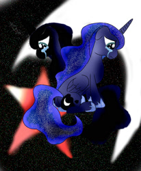 Size: 1400x1700 | Tagged: safe, artist:foxgearstudios, derpibooru import, princess luna, alicorn, pony, abstract background, clothes, crying, duo, fanfic, fanfic art, fanfic cover, female, hoof shoes, mare, palindrome get, sad