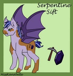 Size: 2500x2600 | Tagged: safe, artist:misskanabelle, derpibooru import, oc, oc only, bat pony, pony, abstract background, bat pony oc, bat wings, ear fluff, ears, fangs, gem, male, pickaxe, reference sheet, solo, spread wings, stallion, wings