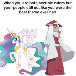 Size: 500x500 | Tagged: safe, derpibooru import, princess celestia, background pony strikes again, drama, meme, naruto, op is a cuck, op is on drugs, op is trying to start shit, pipe, ron the death eater, sarutobi hiruzen