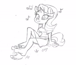 Size: 2237x1927 | Tagged: safe, artist:dertikleen, derpibooru import, starlight glimmer, anthro, plantigrade anthro, barefoot, feet, fetish, foot fetish, foot tapping, monochrome, music notes, sitting, solo, tapping, traditional art
