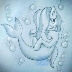 Size: 1280x1281 | Tagged: safe, artist:lollothevaporeon, derpibooru import, oc, oc only, merpony, seapony (g4), bubble, commission, dorsal fin, female, fish tail, flowing mane, flowing tail, monochrome, open mouth, signature, simple background, sketch, smiling, solo, swimming, tail, underwater, water