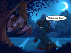 Size: 4444x3333 | Tagged: safe, artist:airiniblock, derpibooru import, oc, oc only, oc:nyn indigo, oc:slashing prices, bat pony, hybrid, original species, timber pony, timber wolf, unicorn, bat wings, commission, cute, dialogue, duo, duo male, ear fluff, ears, forest, forest background, grass, horn, leash, male, paws, rcf community, scar, speech bubble, tangled up, tree, unicorn oc, wings