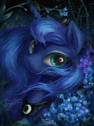 Size: 3000x4000 | Tagged: safe, artist:musical ray, derpibooru import, princess luna, alicorn, pony, bust, female, flower, looking at you, mare, portrait, smiling, smiling at you, solo