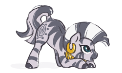 Size: 506x303 | Tagged: safe, artist:fizpup, derpibooru import, zecora, zebra, cute, face down ass up, female, jacko challenge, mare, meme, side view, simple background, smiling, solo, white background, zecorable