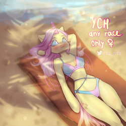 Size: 3000x3000 | Tagged: safe, artist:zefirka, derpibooru import, fluttershy, anthro, pegasus, arm hooves, breasts, clothes, hootershy, looking at you, swimsuit, ych example, your character here