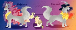 Size: 4096x1638 | Tagged: safe, artist:inisealga, derpibooru import, oc, oc only, oc:drisana, oc:pandemonium, oc:ravant, draconequus, hybrid, interspecies offspring, offspring, parent:discord, parent:princess celestia, parents:dislestia