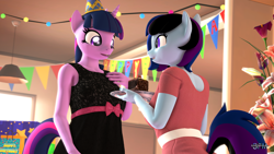 Size: 1920x1080 | Tagged: safe, artist:anthroponiessfm, derpibooru import, twilight sparkle, oc, oc:maple cake, anthro, 3d, birthday, birthday cake, cake, clothes, cute, dress, female, food, happy, happy birthday, hat, looking at each other, party hat, source filmmaker