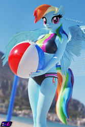 Size: 2560x3840 | Tagged: safe, artist:shadowboltsfm, derpibooru import, rainbow dash, anthro, plantigrade anthro, 3d, adorasexy, beach, beach ball, blender, breasts, bronybait, clothes, cute, eyelashes, female, high res, looking at you, nail polish, not sfm, sexy, smiling, solo, swimsuit, text, wings