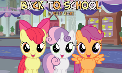 Size: 2064x1242 | Tagged: safe, artist:not-yet-a-brony, derpibooru import, apple bloom, scootaloo, sweetie belle, earth pony, pegasus, pony, unicorn, 2021, adorabloom, back to school, cute, cutealoo, cutie mark crusaders, diasweetes, female, filly, friendship tutors, looking at you, open mouth, open smile, school of friendship, smiling, smiling at you, spread wings, wings, youtube link in the description