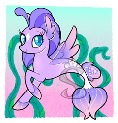 Size: 750x782 | Tagged: safe, artist:syrcaid, derpibooru import, oc, oc only, seapony (g4), blue eyes, digital art, dorsal fin, female, fin wings, fins, fish tail, flowing mane, flowing tail, looking at you, ocean, purple mane, seaweed, simple background, solo, tail, underwater, water, watermark, wings