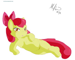 Size: 1000x800 | Tagged: safe, artist:makoruu, derpibooru import, apple bloom, earth pony, pony, belly button, bored, female, filly, lying down, solo