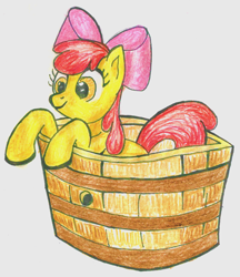 Size: 1704x1976 | Tagged: safe, artist:athlete-grizzle, derpibooru import, apple bloom, earth pony, pony, bucket, colored, female, filly, solo