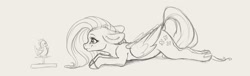 Size: 3456x1056 | Tagged: safe, artist:miokomata, derpibooru import, fluttershy, bird, pegasus, pony, ass up, cute, ears, female, floppy ears, freckles, freckleshy, grayscale, looking at something, lying down, mare, monochrome, prone, shyabetes, simple background, sketch, solo, white background