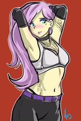 Size: 2000x3000 | Tagged: safe, artist:nolyanimeid, derpibooru import, fluttershy, equestria girls, arm behind head, armpits, belly button, blushing, choker, clothes, eyeshadow, female, gloves, goth, long gloves, looking away, makeup, red background, simple background, solo, tattoo