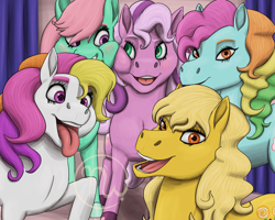 Size: 2500x2000 | Tagged: safe, artist:azurllinate, derpibooru import, butterscotch (g3), minty, rainbow dash (g3), sunny daze (g3), wysteria, earth pony, pony, g3, best friends, blushing, cheek squish, curtains, eyelashes, female, green eyes, happy, hooves, long mane, looking at each other, mare, multicolored mane, open mouth, orange eyes, photo booth, pink mane, purple eyes, smiling, squishy cheeks, thick eyebrows, tongue, tongue out, wavy mane, yellow mane