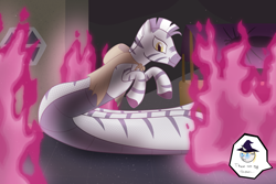 Size: 1500x1000 | Tagged: safe, artist:mightyshockwave, derpibooru import, oc, oc only, oc:comet fall, oc:tsavo, lamia, original species, zebra, cloak, clothes, fire, male, menacing, stallion, tent, zebra oc