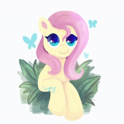 Size: 3900x3900 | Tagged: safe, artist:saphypone, derpibooru import, fluttershy, butterfly, pony, bust, colored pupils, cute, female, high res, leaves, mare, plant, shyabetes, simple background, solo, white background